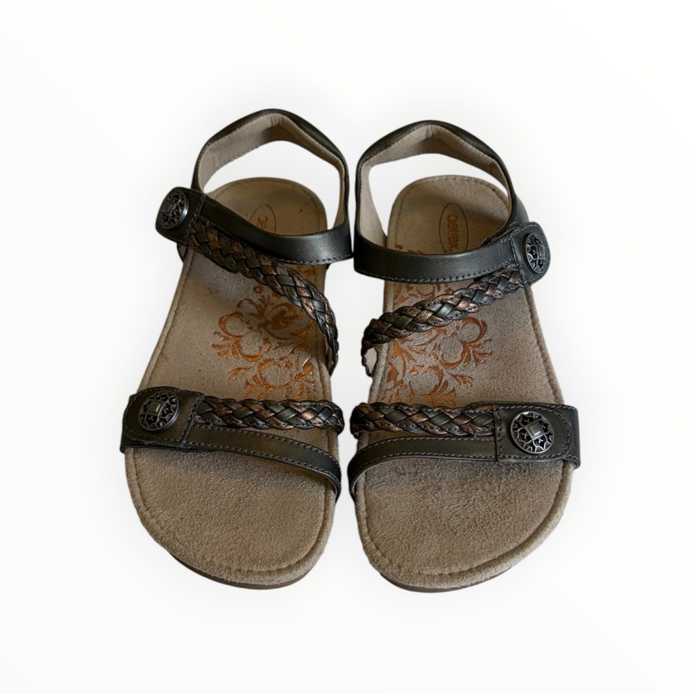 Aetrex Jillian Sandals Womens 7 Gunmetal Excellent Braided Orthotic Wedge SC465W